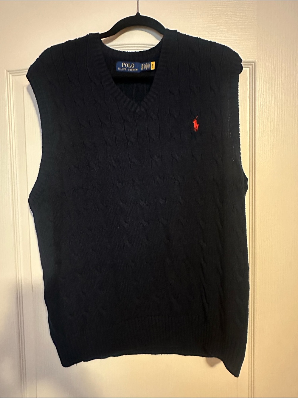 Ralph Lauren Navy V-Neck Cable-Knit Sweater Vest with Red Pony